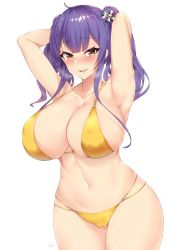 Rule 34 | 1girl, ahoge, armpits, arms behind head, arms up, azur lane, bikini, blush, breasts, breath, cameltoe, cleavage, cowboy shot, curvy, feet out of frame, gluteal fold, hair ornament, half-closed eyes, highleg, highleg bikini, highres, huge breasts, kuavera, looking at viewer, multi-strapped bikini bottom, navel, o-ring, o-ring bikini, official alternate costume, open mouth, orange eyes, pola (azur lane), pola (seaside coincidence) (azur lane), purple hair, simple background, skindentation, smile, solo, stomach, string bikini, sweat, swimsuit, twintails, white background, wide hips, yellow bikini