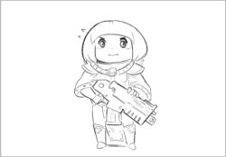 Rule 34 | .75 calibre bolt, 1girl, adepta sororitas, ammunition, anti-materiel cartridge, bob cut, bolt (warhammer 40k), bolter, boots, chibi, closed mouth, dot nose, flying sweatdrops, gloves, greyscale, gun, high-explosive cartridge, holding, holding gun, holding weapon, long sleeves, looking at viewer, lutherniel, medium hair, monochrome, pelvic curtain, rocket-assisted projectile, simple background, solo, standing, warhammer 40k, weapon, white background, window magazine