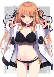 Rule 34 | 1girl, :d, ahoge, armpits, bare shoulders, bikini, black bikini, blush, breasts, choker, cleavage, collarbone, commentary request, cowboy shot, double v, drawstring, fang, gluteal fold, grey background, hair ornament, hair ribbon, hairclip, halterneck, highres, jacket, long hair, long sleeves, looking at viewer, medium breasts, navel, open clothes, open jacket, open mouth, orange eyes, orange hair, original, panda hair ornament, ribbon, sasahara wakaba, side-tie bikini bottom, smile, solo, speech bubble, standing, swimsuit, two side up, v, very long hair, white background, white jacket, x hair ornament