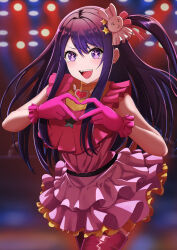 Rule 34 | 1girl, belt, black belt, blurry, blurry background, blush, boots, commentary request, dress, frilled dress, frilled gloves, frills, gloves, hair between eyes, hair ornament, heart, heart hands, highres, hoshino ai (oshi no ko), idol, long hair, one side up, open mouth, oshi no ko, partial commentary, pink dress, pink footwear, pink gloves, pink ribbon, purple hair, rabbit hair ornament, ribbon, sidelocks, sleeveless, sleeveless dress, solo, star-shaped pupils, star (symbol), star hair ornament, suzuki (white-world), symbol-shaped pupils, teeth, thigh boots, turtleneck, turtleneck dress