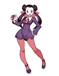 Rule 34 | 00s, 1girl, ascot, black hair, breasts, brown eyes, covered navel, creatures (company), double bun, dress, forehead, full body, game freak, genzoman, gym leader, hair bun, hair slicked back, hand on own hip, holding, holding poke ball, long hair, long sleeves, looking at viewer, nintendo, open mouth, pantyhose, pink pantyhose, poke ball, poke ball (basic), pokemon, pokemon rse, purple dress, purple footwear, roxanne (pokemon), shoes, short dress, simple background, sketch, smile, solo, standing, twintails, very long hair, white background