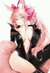Rule 34 | 1girl, :3, absurdres, animal ear fluff, animal ears, black bodysuit, black gloves, blush, bodysuit, bow, breasts, breasts apart, collarbone, commentary, elbow gloves, fang, fate/grand order, fate (series), fox ears, fox girl, fox tail, gloves, hair bow, highres, huge filesize, koyanskaya (assassin) (first ascension) (fate), koyanskaya (fate), large breasts, long hair, looking at viewer, midriff, navel, open bodysuit, open clothes, open mouth, partially unzipped, pink bow, pink hair, sidelocks, silver (chenwen), smile, solo, tail, tamamo (fate), tamamo no mae (fate/extra), thighs, very long hair, yellow eyes