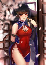 Rule 34 | 1girl, absurdres, anchor symbol, architecture, arm belt, bare shoulders, black hair, blunt bangs, blurry, breasts, china dress, chinese clothes, cleavage cutout, closed mouth, clothing cutout, covered navel, cowboy shot, depth of field, detached sleeves, door, dress, east asian architecture, elbow gloves, eyebrows, flower, folded fan, folding fan, gloves, hair flower, hair ornament, hand fan, highres, holding, holding fan, ian wang, lips, long hair, looking at viewer, medium breasts, mole, mole under eye, motion blur, open door, panties, petals, red dress, red eyes, red panties, round window, shade, short dress, side slit, single glove, skin tight, sleeveless, sleeveless dress, smile, solo, string panties, tile floor, tiles, underwear, warship girls r, window, yat sen (warship girls r)