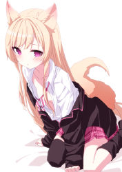 Rule 34 | 1girl, :o, animal ears, asymmetrical legwear, bad id, bad pixiv id, bed sheet, black jacket, black thighhighs, blonde hair, blush, bow, breasts, collarbone, collared shirt, commentary request, commission, diagonal-striped bow, dress shirt, fox ears, fox girl, fox tail, highres, jacket, long sleeves, looking at viewer, off shoulder, open clothes, open jacket, open shirt, original, oueo, parted lips, pink skirt, pixiv commission, pleated skirt, purple eyes, school uniform, shirt, skirt, sleeves past wrists, small breasts, solo, tail, thighhighs, thighhighs pull, white background, white shirt