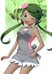 Rule 34 | 1girl, absurdres, bad id, bad pixiv id, bare shoulders, blouse, blush, breasts, collarbone, creatures (company), dark-skinned female, dark skin, female focus, flower, game freak, gradient background, green background, green eyes, green hair, green hairband, grey shirt, hair flower, hair ornament, hairband, happy, highres, holding, holding poke ball, long hair, looking at viewer, mallow (pokemon), matching hair/eyes, medium breasts, nintendo, one eye closed, open mouth, outline, overalls, pink flower, pink shirt, poke ball, poke ball (basic), pokemon, pokemon sm, shiny skin, shirt, short shorts, shorts, sleeveless, sleeveless shirt, smile, solo, standing, twintails, very long hair, white outline, wink, yuihico
