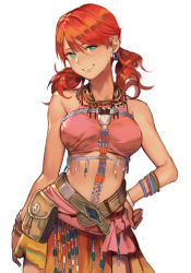 Rule 34 | 1girl, aqua eyes, bare shoulders, belt, belt pouch, bracelet, breasts, earrings, final fantasy, final fantasy xiii, hand on own hip, hungry clicker, jewelry, lips, long hair, looking at viewer, low twintails, medium breasts, midriff, oerba dia vanille, orange hair, parted lips, pouch, simple background, skirt, sleeveless, smile, solo, twintails, upper body, white background
