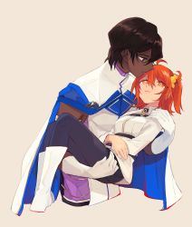 Rule 34 | 1boy, 1girl, :|, ahoge, alto168, arjuna (fate), armlet, bishounen, black hair, black pantyhose, black skirt, boots, cape, carrying, carrying person, chaldea logo, chaldea uniform, closed mouth, collared shirt, commentary request, dark-skinned male, dark skin, expressionless, fate/grand order, fate (series), frown, fujimaru ritsuka (female), gloves, gold trim, hair between eyes, hair ornament, hair scrunchie, highres, indian clothes, jacket, long hair, long sleeves, looking at another, one side up, orange eyes, orange hair, pantyhose, princess carry, scrunchie, shirt, short hair, side ponytail, simple background, skirt, sleeveless, white cape, white footwear, white gloves