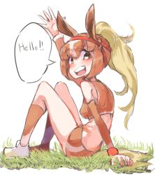 Rule 34 | 100maru, 1girl, animal ears, bare shoulders, blush, brown shorts, brown sleeves, brown socks, brown sports bra, chestnut thoroughbred (kemono friends), commentary, detached sleeves, english commentary, headgear, highres, horse ears, horse girl, horse tail, kemono friends, light brown hair, looking at viewer, multicolored hair, open mouth, ponytail, shoes, short hair, shorts, sitting, smile, sneakers, socks, solo, sports bra, sportswear, tail, two-tone hair, waving, white footwear, white hair