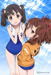 Rule 34 | 10s, 2girls, :o, absurdres, animal ears, animal hood, ass, black hair, blue one-piece swimsuit, blunt bangs, blush, body blush, breasts, breasts squeezed together, brown eyes, brown hair, cat ears, cat hood, closed mouth, competition school swimsuit, crying, emblem, fake animal ears, flower, from above, from behind, hair flower, hair ornament, hair over shoulder, hairclip, hairpin, half updo, hand in pocket, hand on own chest, high ponytail, high school fleet, highres, hip focus, hood, hood down, hoodie, irizaki mei, light smile, long sleeves, looking at viewer, looking back, megami magazine, multiple girls, non-web source, official art, one-piece swimsuit, open mouth, own hands together, parted bangs, ponytail, raised eyebrows, red ribbon, ribbon, scan, school swimsuit, shiretoko rin, short hair, short ponytail, short twintails, side ponytail, sidelocks, small breasts, smile, sparkle, standing, swimsuit, swimsuit under clothes, tears, twintails, water, wavy mouth, yamakawa kouji