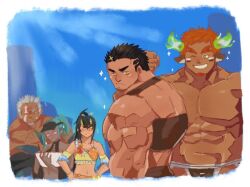 Rule 34 | 2girls, 3boys, abs, amatsumara (housamo), animal ears, bahamut (bahamunoaka9), bara, brown hair, brown male swimwear, character request, chest harness, cow boy, cow ears, cow horns, eye black, facial hair, fiery horns, forked eyebrows, glowing horns, goatee, harness, horns, inset border, large pectorals, male focus, male swimwear, mature male, multiple boys, multiple girls, muscular, muscular male, official alternate costume, old, old man, one eye closed, pectorals, perspective, short hair, sidepec, sparkling aura, spiked hair, thick arms, thick eyebrows, tokyo houkago summoners, topless male, upper body, wakan tanka, wakan tanka (fashionista swimsuit), yellow eyes, zabaniyya (fashionista swimsuit) (housamo), zabaniyya (housamo)