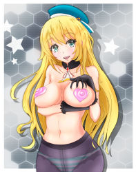 Rule 34 | 10s, 1girl, atago (kancolle), beret, black gloves, blonde hair, blush, breast hold, breasts, covered erect nipples, gloves, green eyes, hat, heart pasties, kantai collection, large breasts, long hair, looking at viewer, monte (koupin), navel, open mouth, panties, panties under pantyhose, pantyhose, pasties, smile, solo, striped clothes, striped panties, underwear