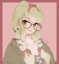Rule 34 | 1girl, alternate costume, artist name, border, braid, collarbone, commentary, glasses, green eyes, green hair, hair over shoulder, hair ribbon, hanada (cobalt003), highres, kemono friends, light smile, long hair, looking at viewer, pink background, red border, red ribbon, ribbon, see-through, simple background, slit pupils, solo, spectacled caiman (kemono friends), symbol-only commentary, twin braids, upper body