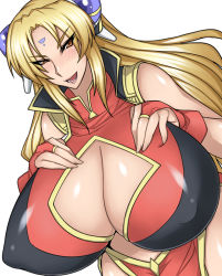 Rule 34 | 00s, 1girl, blonde hair, breasts, chinese clothes, covered erect nipples, curvy, female focus, galaxy angel, gigantic breasts, hair ornament, long hair, otogi tetsurou, ranpha franboise, simple background, solo, standing, upper body, white background, yellow eyes