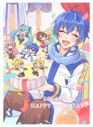 Rule 34 | 2boys, 4girls, absurdres, aqua eyes, aqua hair, balloon, birthday, blonde hair, blue eyes, blue hair, blue nails, blue scarf, blush, brown hair, cake, chibi, chibi inset, closed eyes, commentary request, confetti, dated, english text, food, fruit, gift, hair ornament, happy birthday, haru (ru k), hatsune miku, highres, holding, holding gift, holding party popper, jacket, kagamine len, kagamine rin, kaito (vocaloid), long hair, male focus, megurine luka, meiko (vocaloid), multiple boys, multiple girls, nail polish, necktie, one eye closed, open mouth, party popper, pink hair, scarf, shirt, short hair, skirt, smile, strawberry, thighhighs, twintails, very long hair, vocaloid