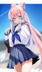 Rule 34 | 1girl, absurdres, adjusting eyewear, aged down, alternate costume, bag, bespectacled, black bag, blue hair, blue neckerchief, blue sailor collar, blue skirt, blue sky, blurry, blurry background, blush, bow-shaped hair, closed mouth, colored tips, cowboy shot, floating hair, genshin impact, glasses, gradient eyes, hair intakes, hands up, highres, letterboxed, long hair, long sleeves, loose clothes, loose shirt, midriff, multicolored eyes, multicolored hair, neckerchief, outdoors, pink hair, pleated skirt, purple eyes, sailor collar, sangonomiya kokomi, satoupote, school bag, school uniform, serafuku, shirt, shoulder bag, sidelocks, skirt, sky, smile, solo, thick eyebrows, thighs, twintails, two-tone hair, white shirt