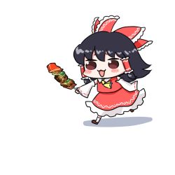 Rule 34 | 1girl, ajitsuki, arm up, ascot, bare shoulders, black hair, blush, bow, brown eyes, brown footwear, chibi, collar, collared dress, detached sleeves, dress, food, frills, hair between eyes, hair ornament, hair tubes, hakurei reimu, hand up, leg up, long sleeves, looking to the side, open mouth, red bow, red dress, running, shadow, shoes, short hair, simple background, smile, socks, solo, touhou, white background, white socks, wide sleeves, yellow ascot