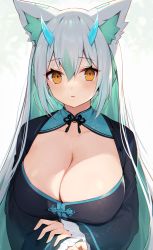 Rule 34 | 1girl, animal ears, aqua hair, blush, breasts, cleavage cutout, clothing cutout, collarbone, commentary request, eyelashes, facial mark, hand on own arm, highres, horns, large breasts, long hair, long sleeves, looking at viewer, multicolored hair, muryotaro, orange eyes, original, parted lips, silver hair, solo, straight hair, two-tone hair, upper body, very long hair