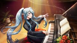 Rule 34 | 1girl, black dress, blue hair, breasts, collared dress, crowd, dress, elf, epsilon (kage no jitsuryokusha ni naritakute!), flipped hair, floating hair, flower, game cg, grand piano, hair tie, head tilt, highres, indoors, instrument, kage no jitsuryokusha ni naritakute!, long hair, long sleeves, looking at object, medium breasts, music, non-web source, official alternate costume, on chair, parted lips, piano, piano bench, plant, playing instrument, playing piano, pointy ears, potted plant, purple eyes, see-through, see-through dress, sheet music, sidelocks, sitting, solo focus, spotlight, stage, swept bangs, twintails, very long hair, wooden floor