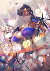 Rule 34 | 1girl, black hair, blue eyes, blurry, blurry background, breasts, bridal gauntlets, circlet, fate/grand order, fate (series), glowing, glowing eyes, highres, jewelry, lamp, large breasts, long hair, magic, mouth veil, naganegi, pelvic curtain, ribbon, scheherazade (fate), smile, staff, thighhighs, thighs, translucent, tsurime, veil, wide hips