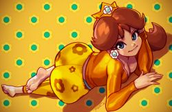 Rule 34 | 1girl, all fours, ass, bad id, bad tumblr id, barefoot, blue eyes, breasts, brown hair, casual, cleavage, crown, downblouse, earrings, feet, huge ass, jewelry, long hair, looking at viewer, lying, mario (series), medium breasts, nintendo, on stomach, pants, pantylines, polka dot, polka dot background, princess daisy, robaato, signature, soles, solo, super mario land, toes, wide hips, yoga pants