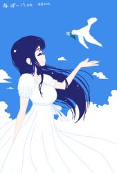 Rule 34 | 1girl, arm behind back, bird, blue sky, borrowed character, closed eyes, cloud, completion time, dated, dove, dress, floating hair, flower, from side, hand up, limited palette, long dress, long hair, original, puffy short sleeves, puffy sleeves, shake-o, short sleeves, sky, solo, white dress