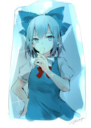 Rule 34 | 1girl, absurdres, artist name, blue bow, blue dress, blue eyes, blue hair, bow, bowtie, cirno, commentary request, dated, dress, food, food in mouth, frozen, hair bow, hand on own hip, highres, holding, holding food, looking at viewer, pinafore dress, popsicle, puffy short sleeves, puffy sleeves, red bow, red bowtie, sakusyo, shirt, short hair, short sleeves, sidelocks, signature, sketch, sleeveless dress, solo, sparkle, touhou, upper body, white shirt