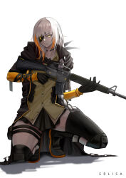 Rule 34 | 1girl, absurdres, artist name, assault rifle, braid, braided ponytail, button up skirt, collarbone, erlisa takanashi, eyepatch, girls&#039; frontline, glowing, glowing eye, gun, highres, holding, holding gun, holding weapon, hood, hood down, hooded coat, m16, m16a1, m16a1 (boss) (girls&#039; frontline), m16a1 (girls&#039; frontline), rifle, simple background, solo, squatting, thighhighs, weapon, white background, white hair, yellow eyes