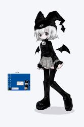 Rule 34 | 1girl, black footwear, black hat, black thighhighs, boots, closed mouth, detached wings, earrings, full body, hat, highres, jester cap, jewelry, long sleeves, looking at viewer, mayura, plaid, plaid skirt, pleated skirt, reitoubeef, short hair, simple background, skirt, solo, standing, thighhighs, ukagaka, white hair, wings