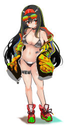 Rule 34 | 1girl, absurdres, bikini, black bikini, black choker, black hair, breasts, choker, coat, eyewear on head, facepaint, full body, hair between eyes, hairband, hands in pockets, hey taisyou, highres, large breasts, long hair, long sleeves, multicolored coat, open clothes, open coat, original, parted lips, red eyes, red footwear, red hairband, shoes, simple background, sneakers, solo, standing, sunglasses, swimsuit, thigh strap, very long hair, white background