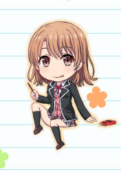 Rule 34 | 1girl, :q, black socks, brown eyes, brown footwear, brown hair, buttons, chibi, commentary request, food, full body, highres, holding, inanaki shiki, isshiki iroha, kneehighs, loafers, long sleeves, looking at viewer, neck ribbon, plaid, plaid skirt, pleated skirt, pocky, red ribbon, ribbon, school uniform, shoes, short hair, sitting, skirt, socks, solo, tongue, tongue out, yahari ore no seishun lovecome wa machigatteiru.