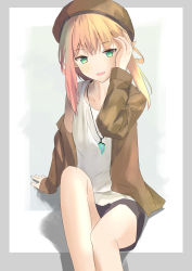 Rule 34 | 1girl, beret, black shorts, blonde hair, border, brown hat, brown shirt, commentary, dot nose, feet out of frame, green eyes, grey border, hand on own head, hat, highres, jewelry, knee up, koge nattou, long hair, long sleeves, looking at viewer, necklace, open clothes, open hands, open mouth, open shirt, original, outside border, pointy ears, shadow, shirt, shorts, simple background, sitting, sleeves past wrists, solo, tank top, teeth, two-tone background, upper teeth only, white background, white tank top