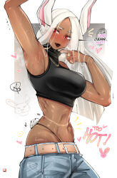Rule 34 | 1girl, absurdres, almualim, animal ears, arm up, armpits, bare hips, belt, black lips, blush, boku no hero academia, breasts, casual, commentary, dark-skinned female, dark skin, earrings, english commentary, english text, eyelashes, heart, highres, hoop earrings, hot, jewelry, large breasts, lips, long eyelashes, long hair, looking to the side, mirko, navel, patreon logo, presenting armpit, rabbit ears, rabbit tail, red eyes, sagging pants, sleeveless, speech bubble, steam, stomach, sweat, tail, very sweaty, white background, white hair