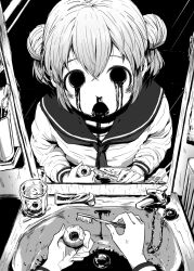 Rule 34 | 4shi, bags under eyes, bathroom, blood, blood from mouth, blood in mouth, blood on face, blood on hands, chain, cup, dango-chan (4shi), dark, double bun, drain (object), eyeball, faucet, greyscale, hair between eyes, hair bun, highres, holding, holding eyeball, holding toothbrush, hollow eyes, horror (theme), japanese clothes, leaning forward, long sleeves, looking at viewer, looking up, medium hair, monochrome, neckerchief, nosebleed, open mouth, original, pov, pov hands, reflection, sailor collar, school uniform, serafuku, shelf, sink, toothbrush, toothpaste, upper body, upturned eyes, water