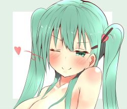 Rule 34 | 10s, 1girl, alternate hairstyle, atsutoku, bare shoulders, blush, breasts, green eyes, green hair, hair ornament, hairclip, heart, kantai collection, long hair, looking at viewer, matching hair/eyes, md5 mismatch, one eye closed, resized, smile, solo, suzuya (kancolle), twintails, upper body