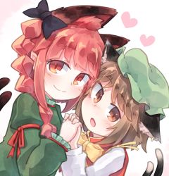 Rule 34 | 2girls, animal ear fluff, animal ears, black bow, blush, bow, bowtie, braid, brown hair, cat ears, cat tail, cheek-to-cheek, chen, commentary request, dress, earrings, green dress, green headwear, hand up, hat, heads together, heart, highres, holding hands, interlocked fingers, jewelry, kaenbyou rin, kibisake, long hair, long sleeves, looking at viewer, mob cap, multiple girls, multiple tails, open mouth, pink background, pointy ears, red eyes, red hair, shirt, short hair, single earring, smile, tail, touhou, twin braids, two tails, white background, white shirt, yellow neckwear