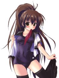 Rule 34 | 1girl, black one-piece swimsuit, brown eyes, brown hair, clothes pull, highres, komatsu eiji, mouth hold, one-piece swimsuit, open clothes, open shirt, ponytail, school swimsuit, school uniform, serafuku, shirt, skirt, skirt pull, solo, swimsuit, swimsuit under clothes, thighhighs, undressing