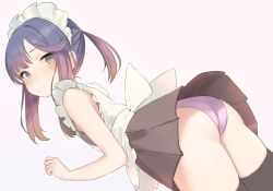 Rule 34 | 1girl, apron, ass, ass focus, bare arms, bare shoulders, black dress, black thighhighs, blunt bangs, blush, clenched hand, closed mouth, commentary, cowboy shot, dress, flat chest, frilled apron, frilled headband, frills, from behind, gradient hair, kantai collection, leaning forward, long hair, looking at viewer, looking back, maid, maid apron, maid headdress, medium hair, multicolored hair, panties, pink background, pink panties, pleated dress, ponytail, purple hair, sakieko, short dress, sidelocks, sleeveless, sleeveless dress, solo, standing, thighhighs, tsushima (kancolle), underwear, white apron, yellow eyes