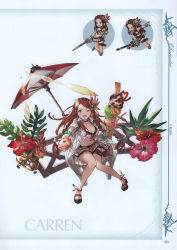Rule 34 | 1girl, absurdres, belt, bikini, bikini skirt, blue eyes, bracelet, braid, breasts, brown hair, carren, carren (granblue fantasy), chair, character name, cleavage, collarbone, crown braid, flower, food, full body, granblue fantasy, hair ornament, hibiscus, highres, holding, ice cream, jewelry, long hair, looking at viewer, looking up, medium breasts, minaba hideo, navel, official art, one eye closed, open clothes, open mouth, open shirt, pearl bracelet, sandals, scan, shirt, shoes, short sleeves, simple background, sitting, smile, solo, spoon, sunlight, swimsuit, thigh strap, toeless footwear, twin braids, umbrella