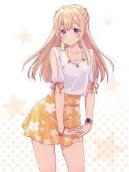 Rule 34 | 1girl, bang dream!, blonde hair, collarbone, floral print, half updo, highres, interlocked fingers, jewelry, light blush, long hair, necklace, open mouth, orange ribbon, own hands clasped, own hands together, parted lips, polka dot, polka dot background, print skirt, purple eyes, red wristband, ribbon, shirasagi chisato, shirt, short sleeves, skirt, sleeve ribbon, solo, star (symbol), starry background, upturned eyes, watch, white shirt, wristwatch, yazawa happyaro, yellow skirt