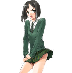 Rule 34 | 1girl, black hair, blush, collared shirt, commentary request, fate/zero, fate (series), genderswap, genderswap (mtf), green necktie, green skirt, green sweater, long sleeves, mignon, necktie, open mouth, school uniform, shirt, simple background, sketch, skirt, solo, sweater, teeth, tongue, waver velvet, white background, white shirt