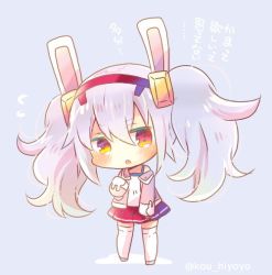 Rule 34 | 1girl, :o, animal ears, azur lane, bare shoulders, blush, camisole, chibi, commentary request, flying sweatdrops, full body, grey footwear, hair between eyes, hair ornament, hairband, jacket, kou hiyoyo, laffey (azur lane), long hair, long sleeves, looking at viewer, off shoulder, open clothes, open jacket, parted lips, pink jacket, pleated skirt, purple background, rabbit ears, red eyes, red hairband, red skirt, silver hair, skirt, sleeves past fingers, sleeves past wrists, solo, standing, thighhighs, translation request, twintails, twitter username, very long hair, white camisole, white thighhighs