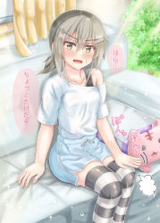 Rule 34 | 1girl, absurdres, bare shoulders, blush, brown eyes, brown hair, flower, hair between eyes, hair ornament, hairclip, highres, lap pillow, lap pillow invitation, looking at viewer, low ponytail, masamune mino, minowa gin, off shoulder, open mouth, ponytail, shirt, short hair, shorts, sitting, smile, socks, solo, striped clothes, striped socks, striped thighhighs, stuffed animal, stuffed cat, stuffed toy, thighhighs, translation request, washio sumi wa yuusha de aru, yuusha de aru