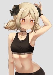 Rule 34 | 1girl, arknights, arm up, armpits, bare arms, bare shoulders, black choker, blonde hair, blush, breasts, choker, clothes writing, commentary, crop top, grey background, highres, horns, ifrit (arknights), looking at viewer, low twintails, midriff, navel, red eyes, rei (riyanrei3), rhine lab logo, short hair, simple background, small breasts, solo, sports bra, stomach, twintails, upper body