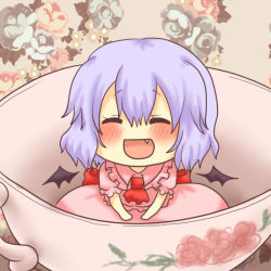 Rule 34 | 1girl, :d, ^ ^, ascot, bat wings, blue hair, blush, chibi, closed eyes, cup, detached sleeves, detached wings, dress, facing viewer, fang, in container, in cup, mini person, minigirl, open mouth, pink dress, remilia scarlet, short sleeves, shuiro, sitting, smile, solo, teacup, touhou, wings