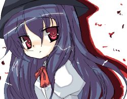 Rule 34 | 1girl, bad id, bad pixiv id, black hat, blue hair, female focus, hat, hinanawi tenshi, long hair, omiso, omiso (omiso), red eyes, simple background, solo, touhou, white background