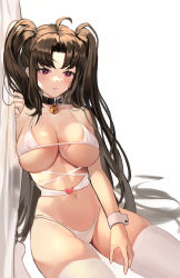 Rule 34 | 1girl, absurdres, ahoge, bare shoulders, bell, bikini, black choker, black hair, breasts, choker, cleavage, commission, curtains, halterneck, hand up, heart, highleg, highleg bikini, highres, jingle bell, large breasts, long hair, navel, nero (shirone), obu (da1103ll), original, parted bangs, parted lips, red eyes, sitting, skindentation, solo, stomach, string bikini, swimsuit, thighhighs, thighs, two side up, very long hair, white bikini, white thighhighs, wrist cuffs