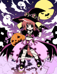 Rule 34 | 1girl, bell, fingerless gloves, ghost, gloves, halloween, hat, jack-o&#039;-lantern, large buttons, midriff, moon, navel, pumpkin, purple background, red hair, short hair, solo, waiai, witch hat
