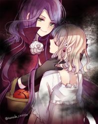Rule 34 | 2girls, age difference, apple, back, blonde hair, cordelia (diabolik lovers), cosplay, curly hair, diabolik lovers, closed eyes, flower, food, from behind, fruit, green eyes, hair ornament, hairpin, hand on another&#039;s head, ichinose (sorario), komori yui, long hair, looking at another, multiple girls, petite, purple hair, rejet, rose, size difference, sleepwear, smile, snow white, snow white (cosplay), snow white and the seven dwarfs, twitter username, vampire, very long hair, white flower, white rose, yuri