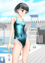 Rule 34 | 1girl, absurdres, aqua one-piece swimsuit, black hair, blue sky, brown eyes, cameltoe, clothes writing, cloud, commentary request, competition swimsuit, contrapposto, cowboy shot, day, facial hair, half updo, highres, lifeguard chair, looking to the side, one-piece swimsuit, original, outdoors, pubic stubble, short hair, sky, solo, standing, stubble, swimsuit, takafumi