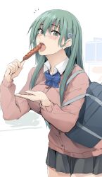 Rule 34 | 1girl, black skirt, blush, breasts, cardigan, collared shirt, commentary, cowboy shot, eating, food, green eyes, green hair, hair between eyes, hair ornament, hairclip, highres, holding, holding food, kantai collection, large breasts, long hair, long sleeves, official alternate costume, open mouth, pink cardigan, pleated skirt, shirt, skirt, solo, suzuya (kancolle), tongue, tongue out, white shirt, zekkyon